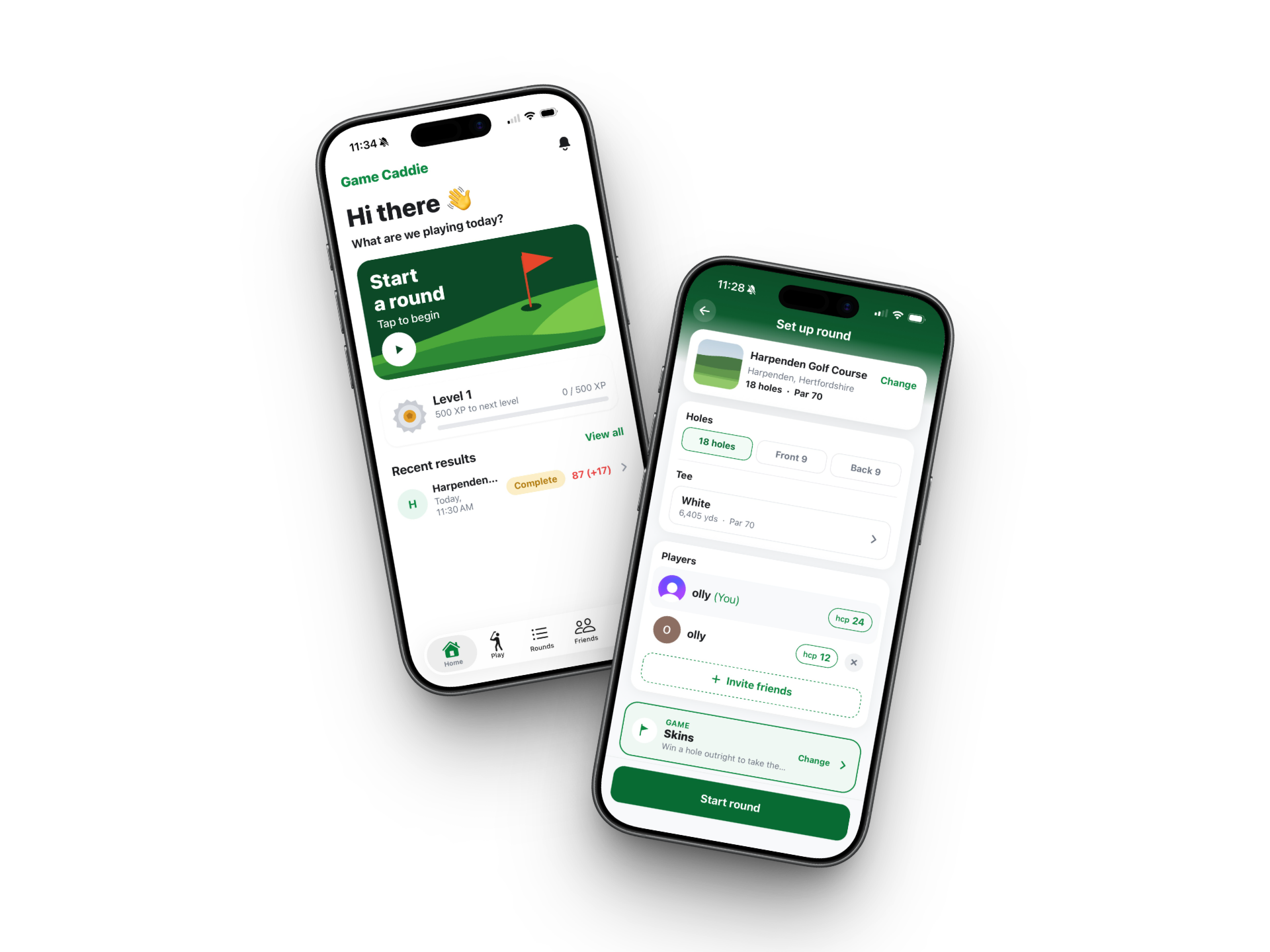 Game Caddie home screen and round setup screen