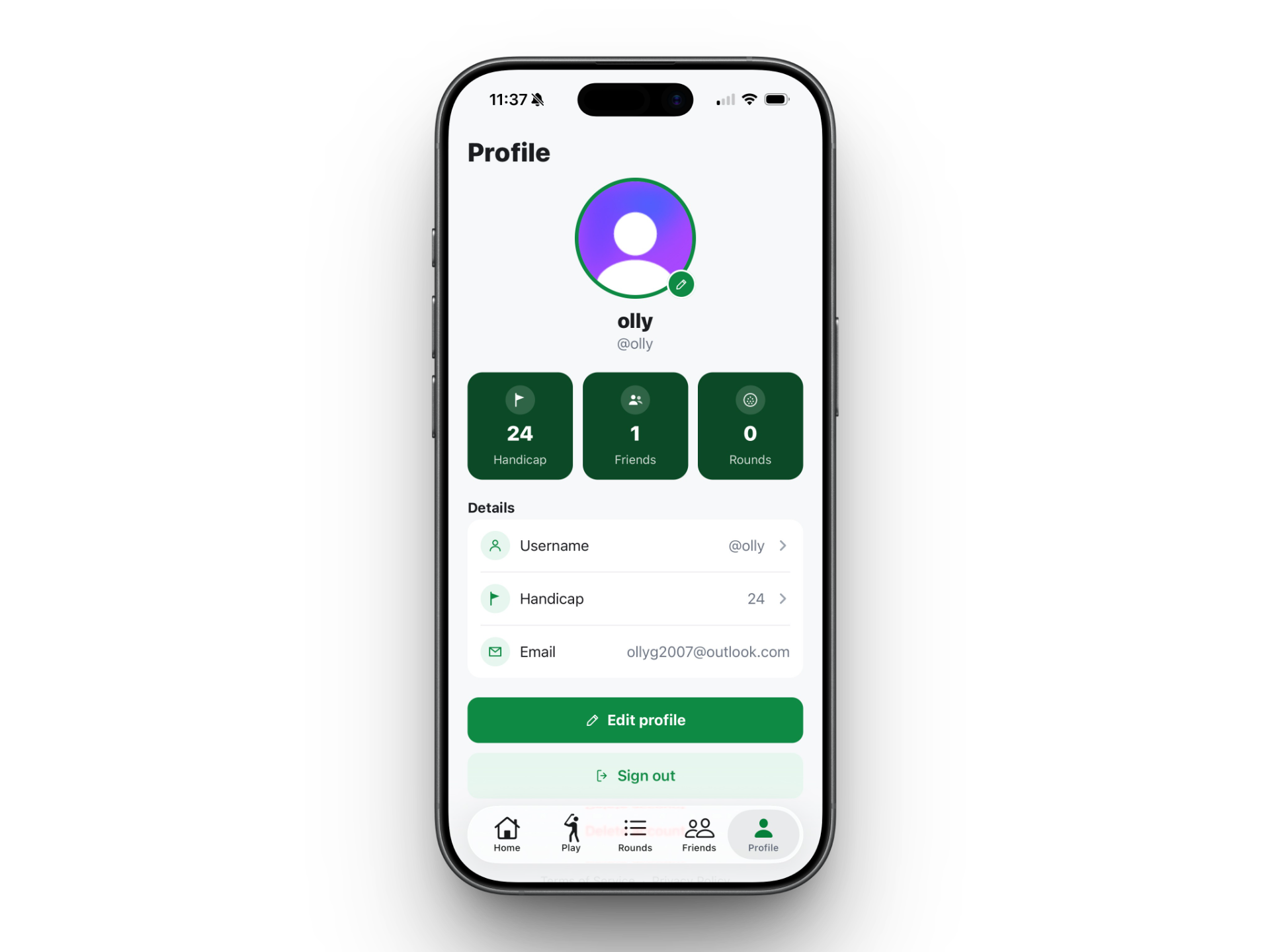 Game Caddie profile screen with handicap, friends and rounds stats