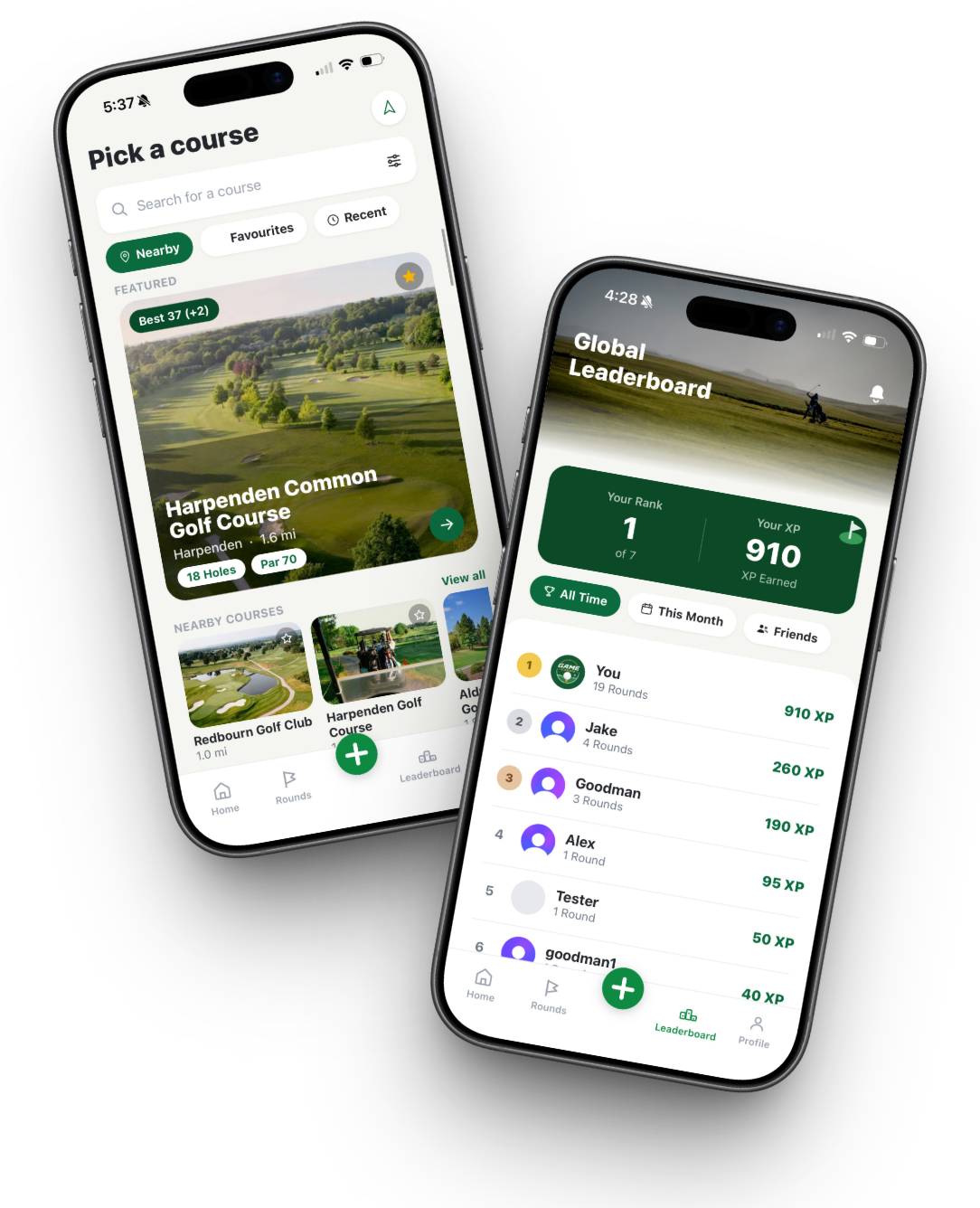Game Caddie pick-a-course screen and global leaderboard screen